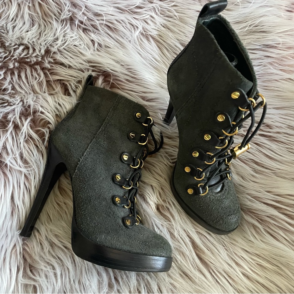 Tory Burch Hamila Gray Suede Lace-Up Heeled Booties